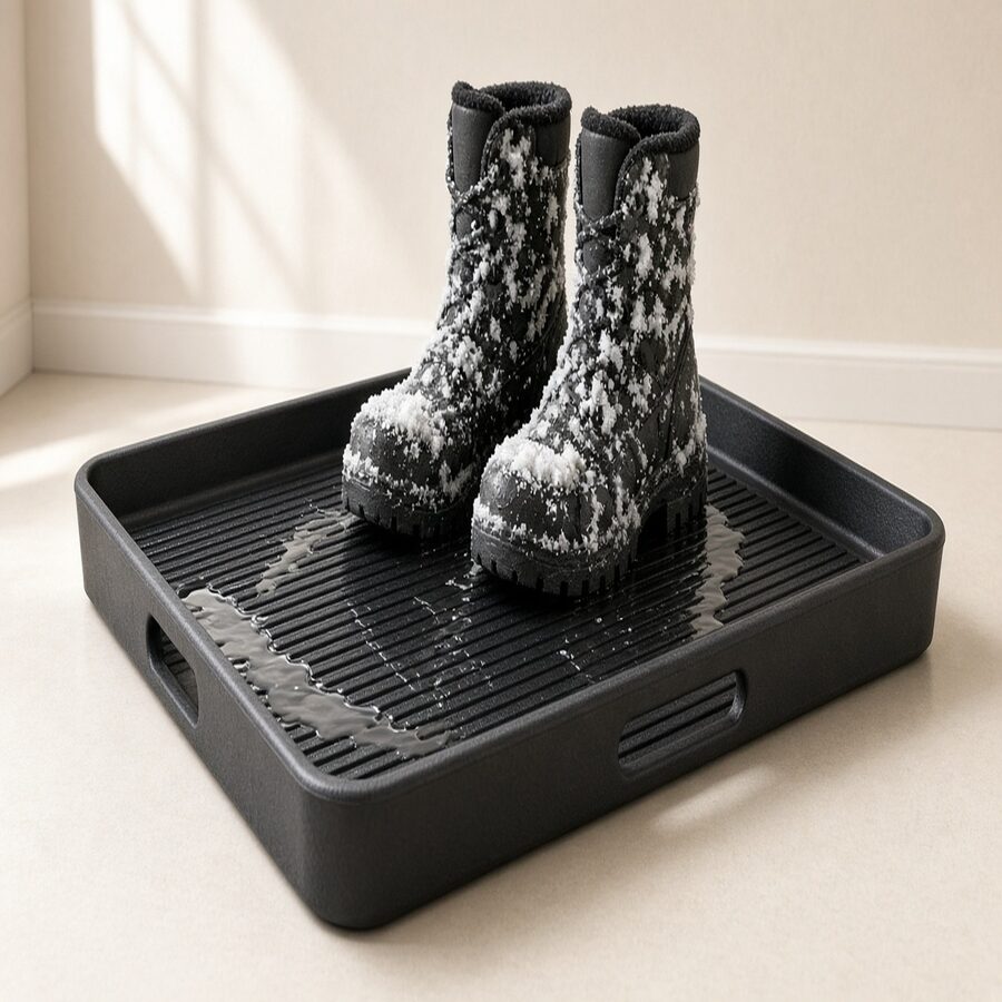Gorilla Grip rubber boot tray with boots, snow, and meltwater