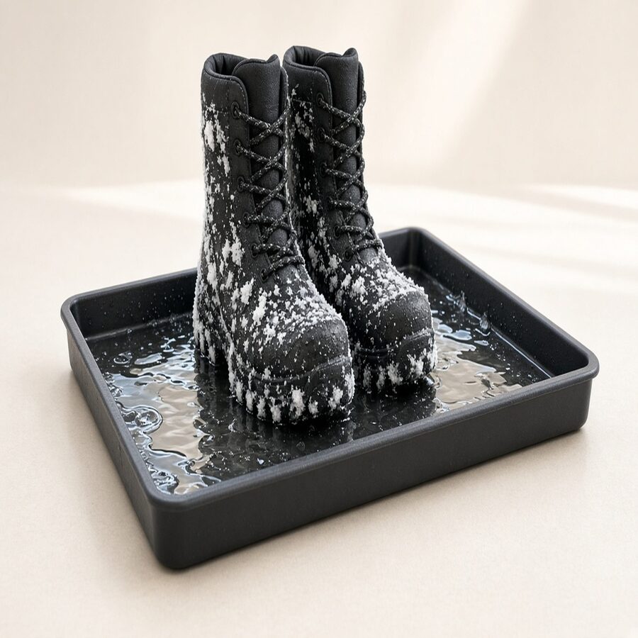 Stalwart all-weather boot tray with boots and meltwater
