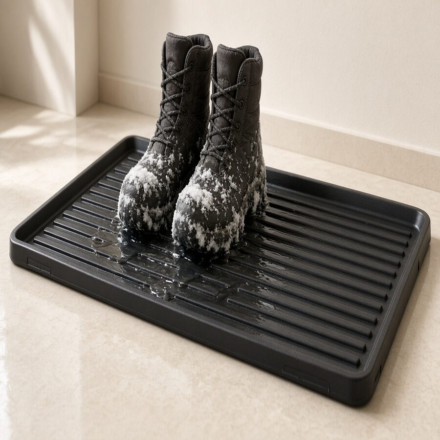 WeatherTech BootTray with boots and meltwater in channels