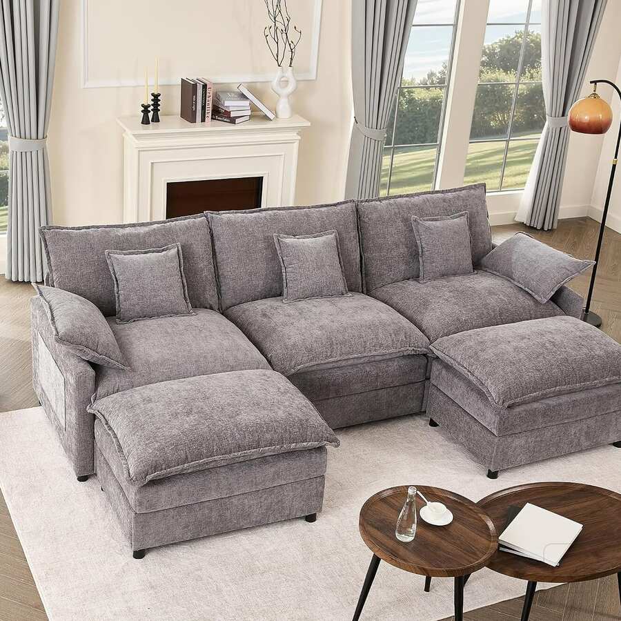 Charcoal modular U-shaped cloud sofa in living room