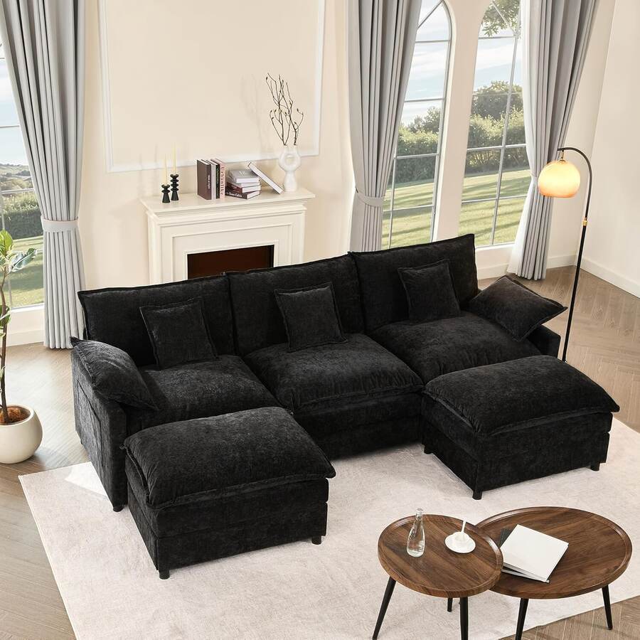 Black modular U-shaped deep seat cloud sofa