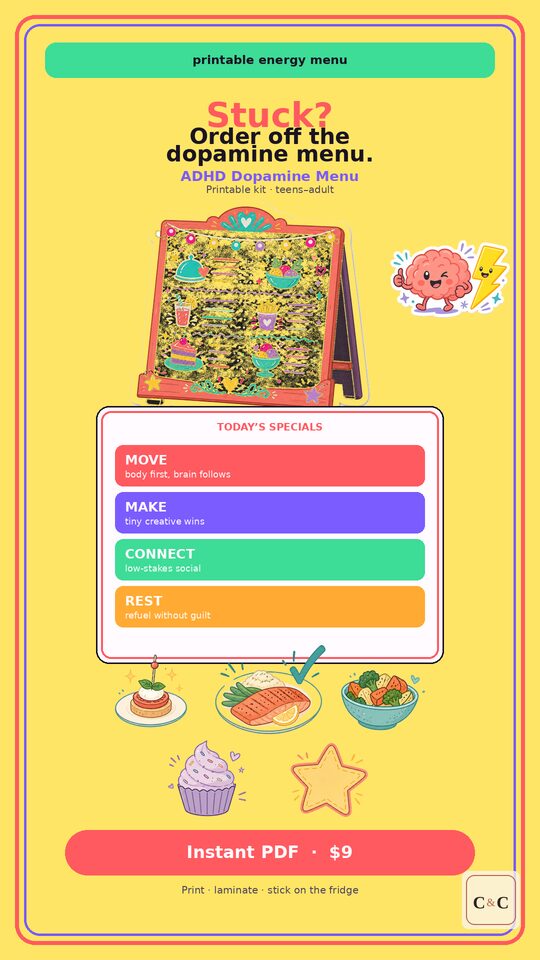 Vertical story ad for ADHD Dopamine Menu