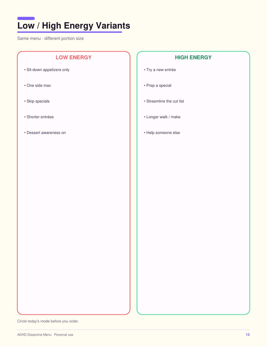 Low and high energy order ticket variants
