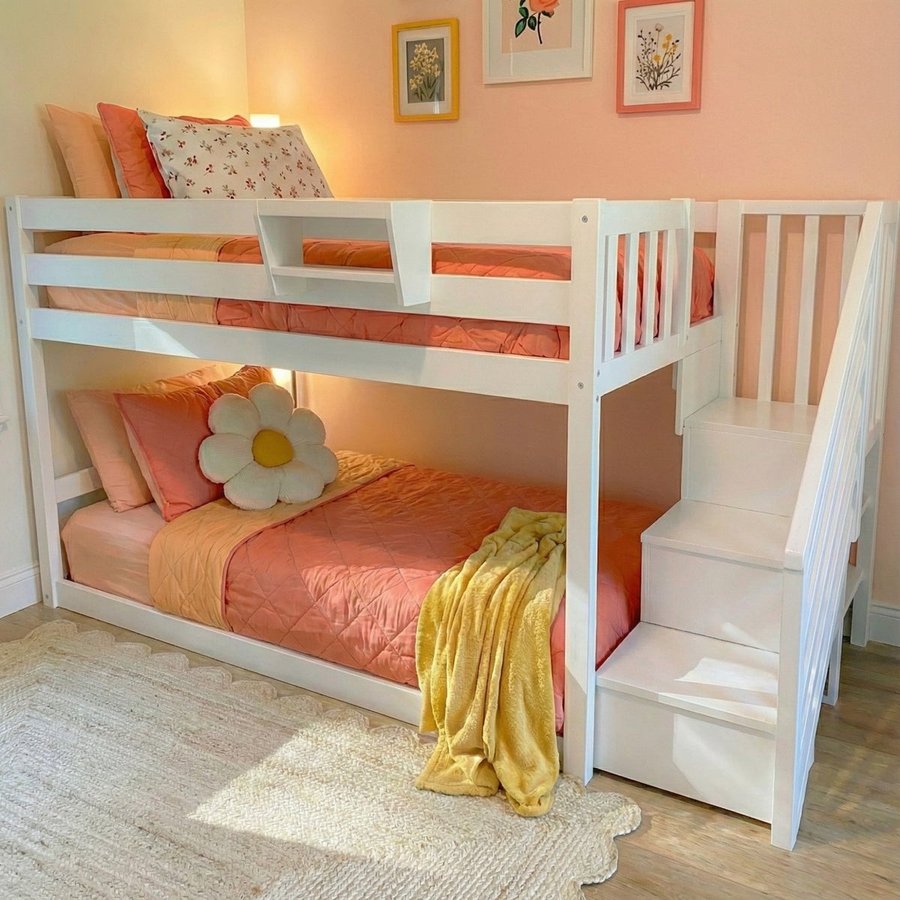 Max & Lily Twin over Twin Low Bunk with Stairs in white — solid pine kids bunk