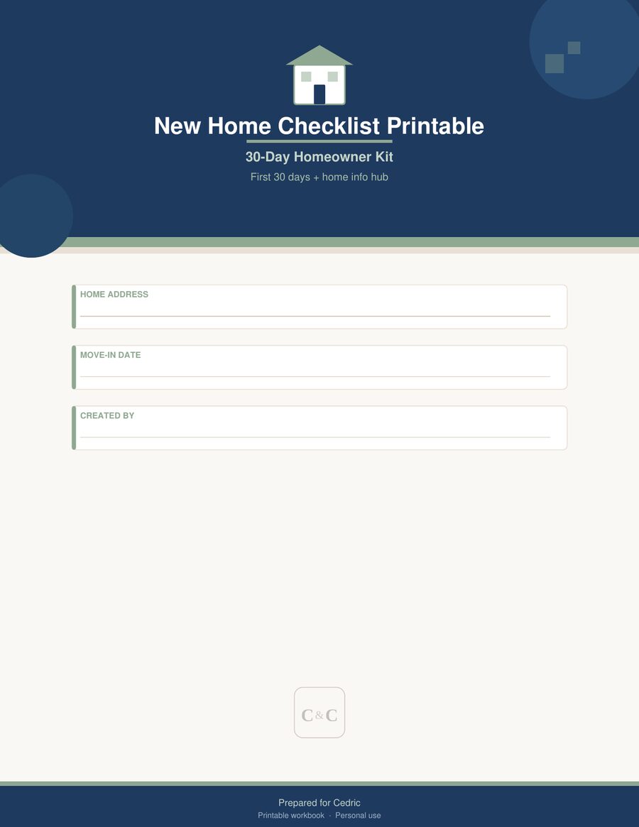 Cover page — New Home Checklist Printable 30-Day Homeowner Kit