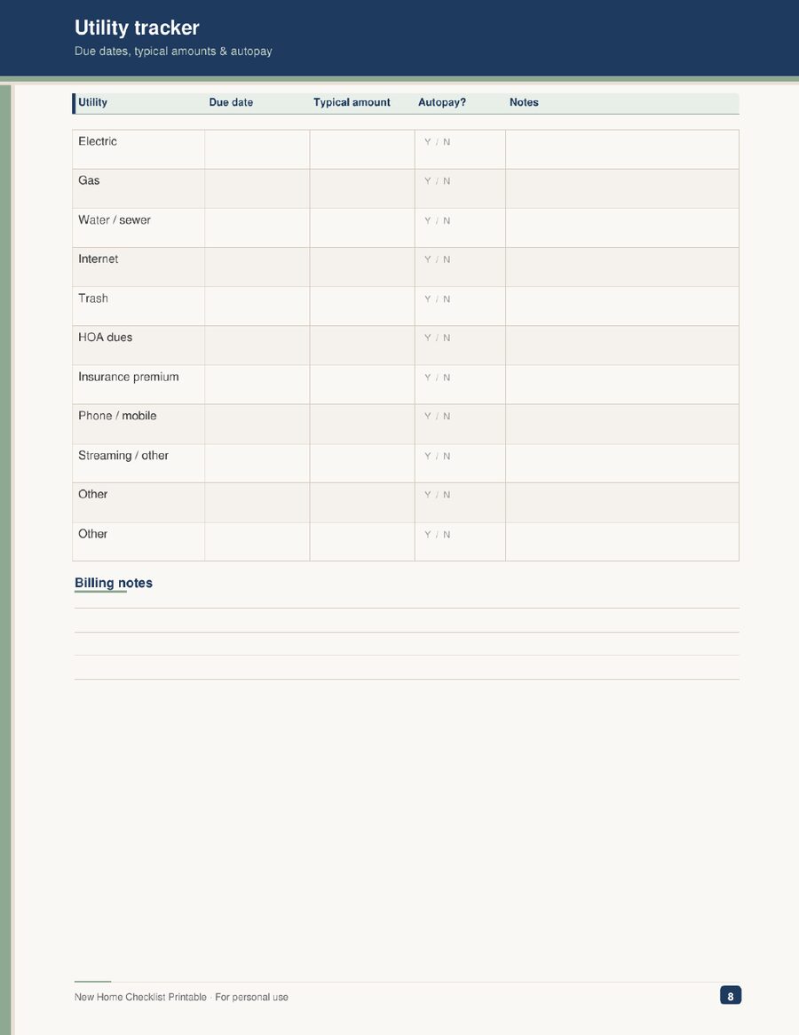 Utility tracker sample page