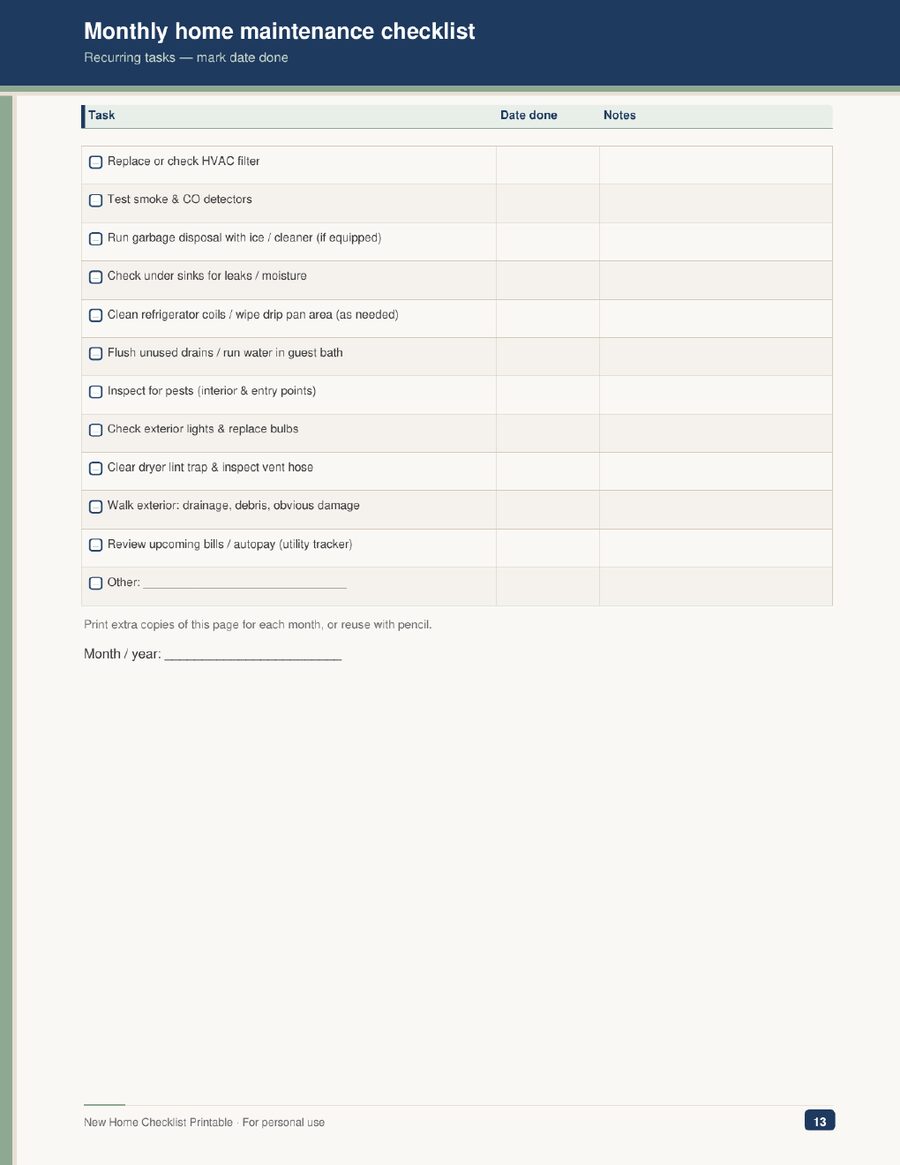 Monthly home maintenance checklist page